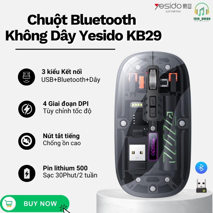 Chuột không dây Yesido KB29 trong suốt bluetooth USB