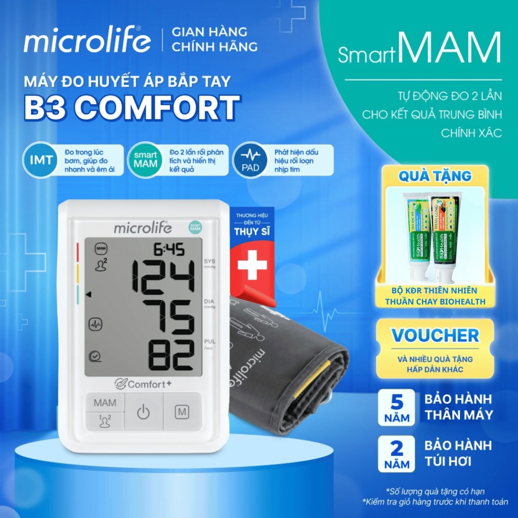 Máy đo huyết áp bắp tay Microlife B3 Comfort cảnh báo rối loạn nhịp tim