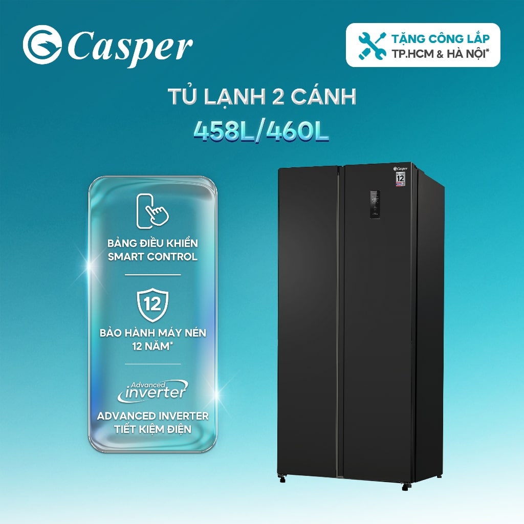 Tủ lạnh Side by Side Casper Inverter 458L RS-E460PBS11 tiết kiệm điện