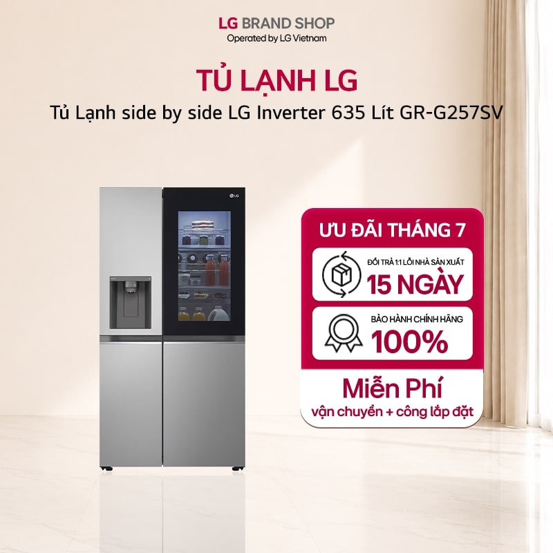 Tủ lạnh Side by Side LG Inverter 635L GR-G257SV InstaView cửa kính