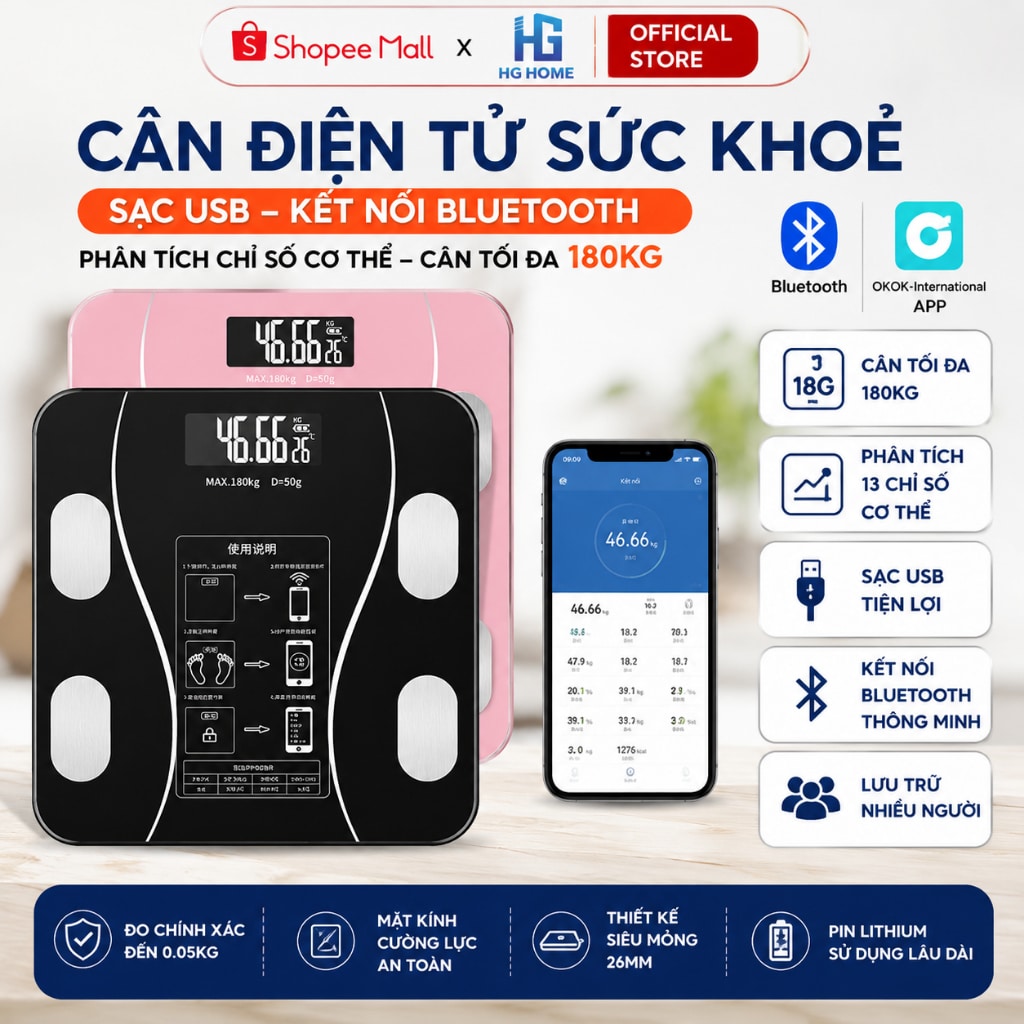HGHOME USB Bluetooth Scale - cân sức khỏe điện tử