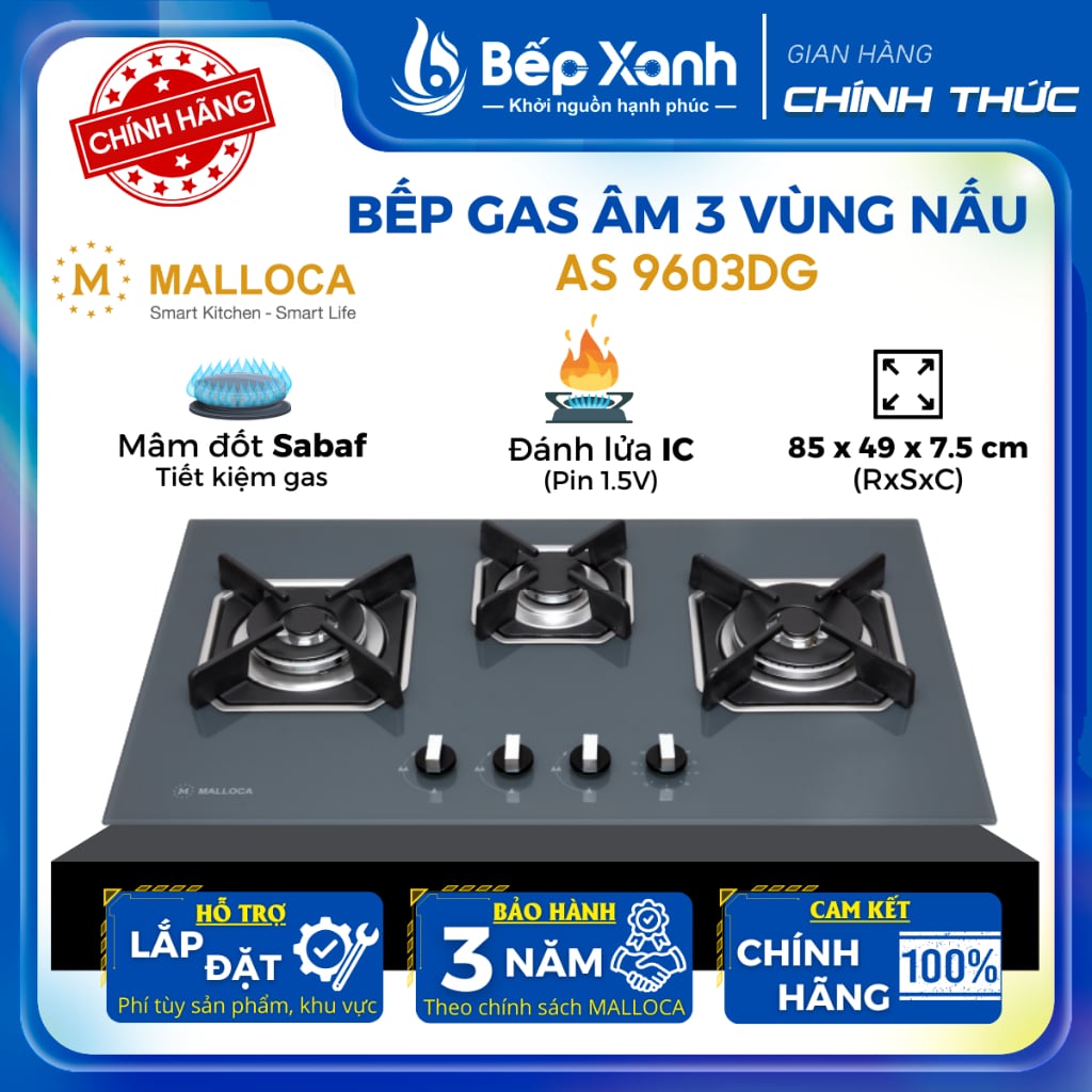 Bếp gas âm 3 vùng nấu Malloca AS 9603DG mâm đốt Sabaf Ý