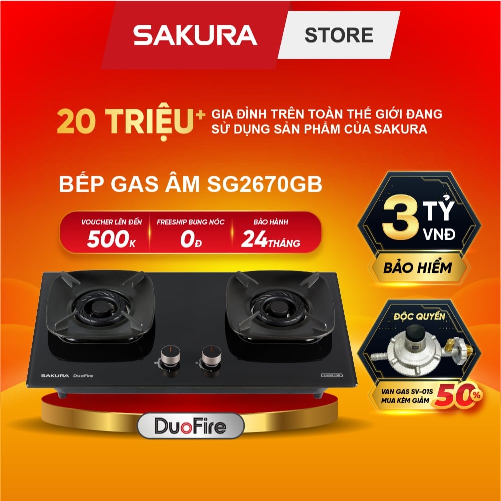 Bếp gas âm lửa xoáy kép Sakura SG-2670GB đánh lửa IC an toàn