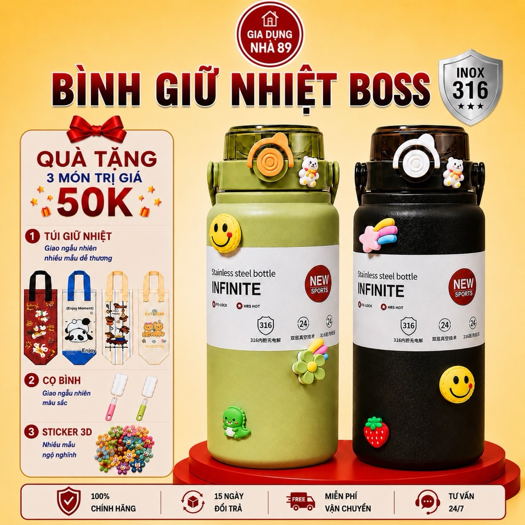 Bình giữ nhiệt BOSS inox 316 dung tích lớn tặng quà giữ nhiệt 12h