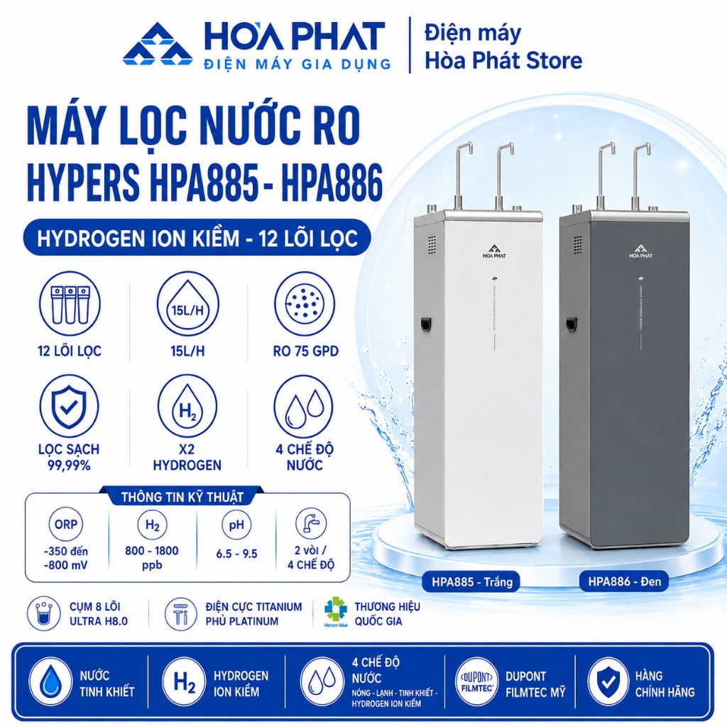 Máy lọc nước Hydrogen ion kiềm Hòa Phát HPA885 HPA886 4 chế độ - giá 9.679.000₫ trên Shopee