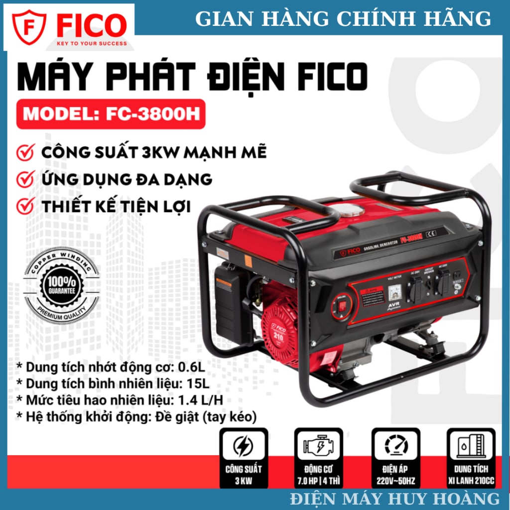 Máy phát điện FICO FC-3800H công suất 3000w động cơ lõi đồng 100% bảo hành 12 tháng