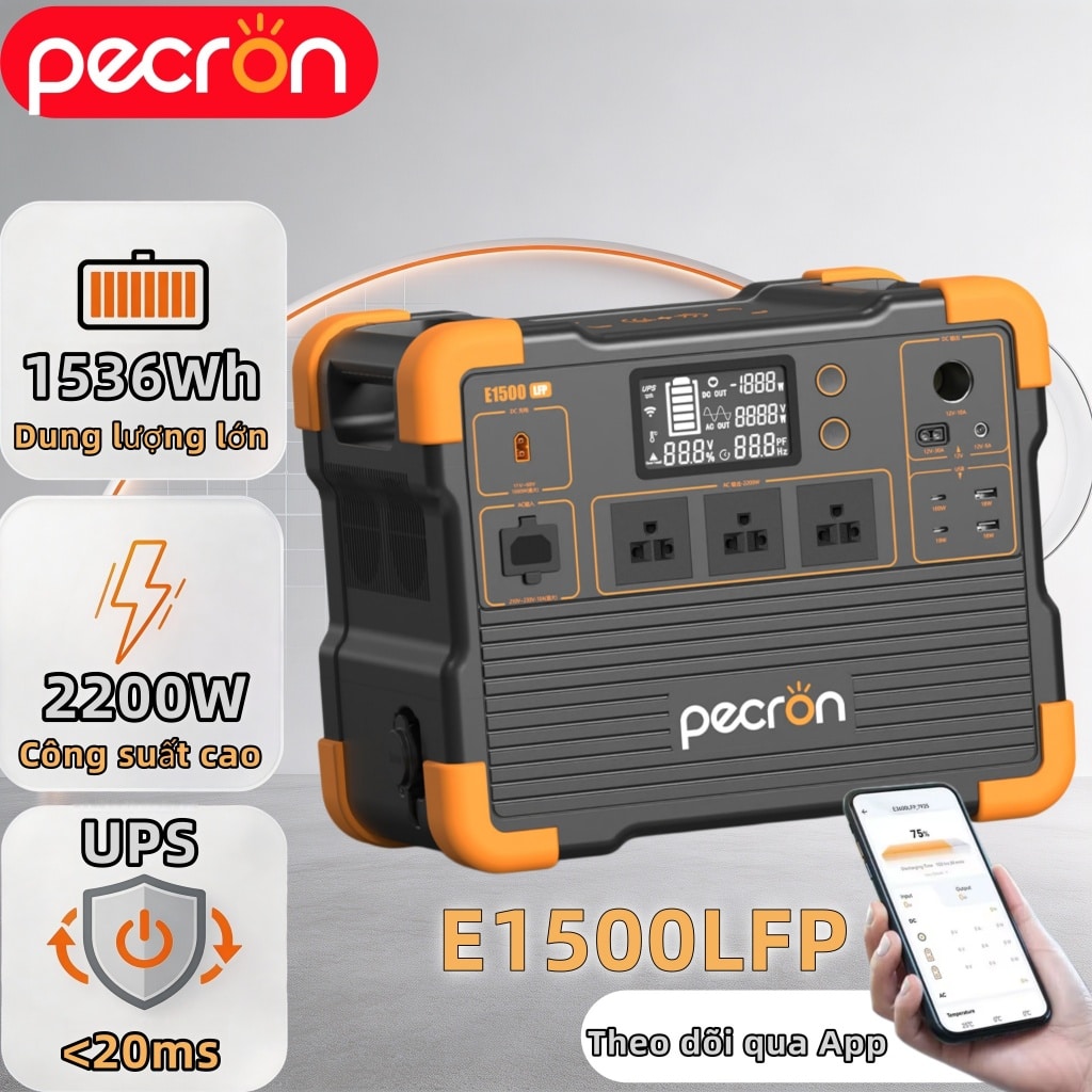Máy phát điện dã ngoại Pecron E1500LFP 1536Wh 2200W pin LiFePO4 sạc nhanh chế độ UPS