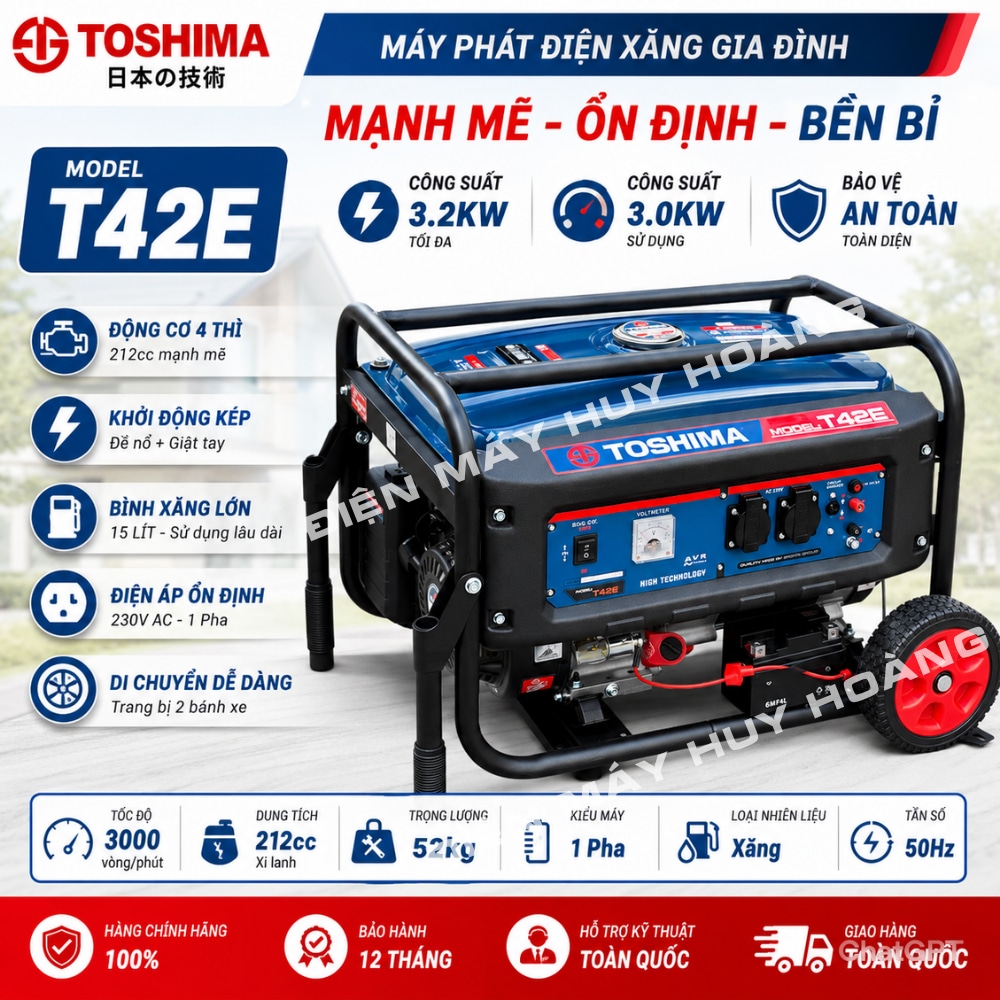 Máy phát điện Toshima T42E công suất 3200w 3,2kw động cơ lõi đồng bảo hành 12 tháng