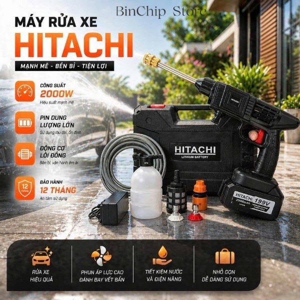 Máy rửa xe mini cầm tay không dây Hitachi 199V