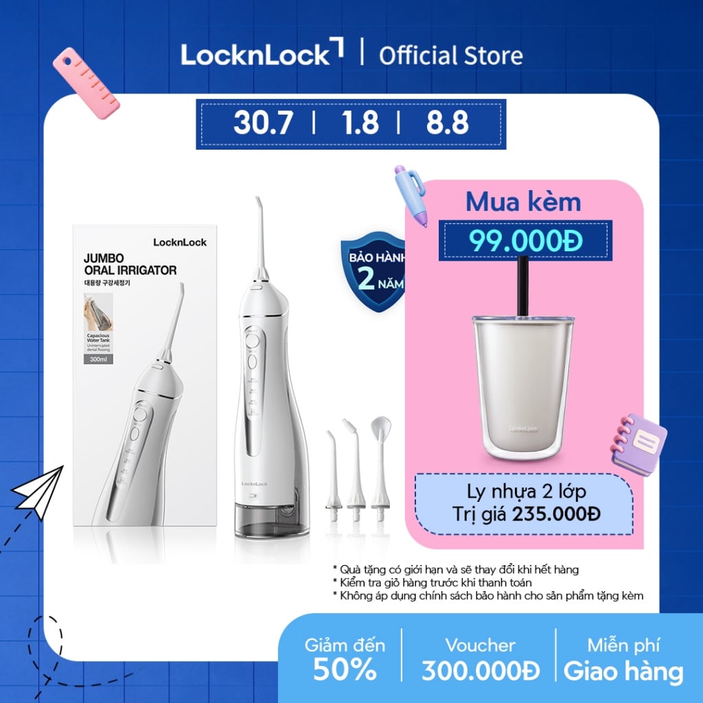 Máy tăm nước Lock&Lock ENR166GRY bình lớn 300ml, 4 chế độ, 3 loại đầu tăm, pin dùng tới 20 ngày