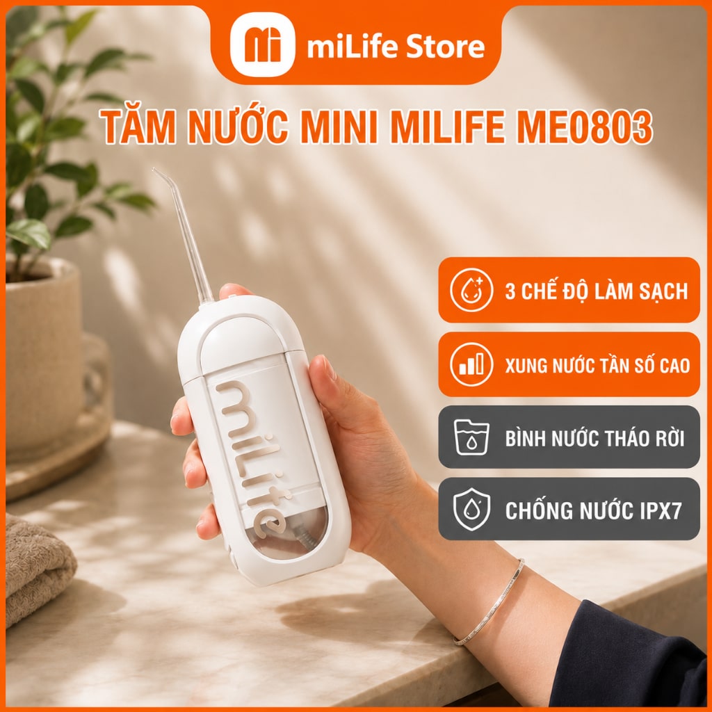 Máy tăm nước miLife MEO803 bình 150ml tháo rời dễ vệ sinh, nhỏ gọn cho bàn tắm cá nhân