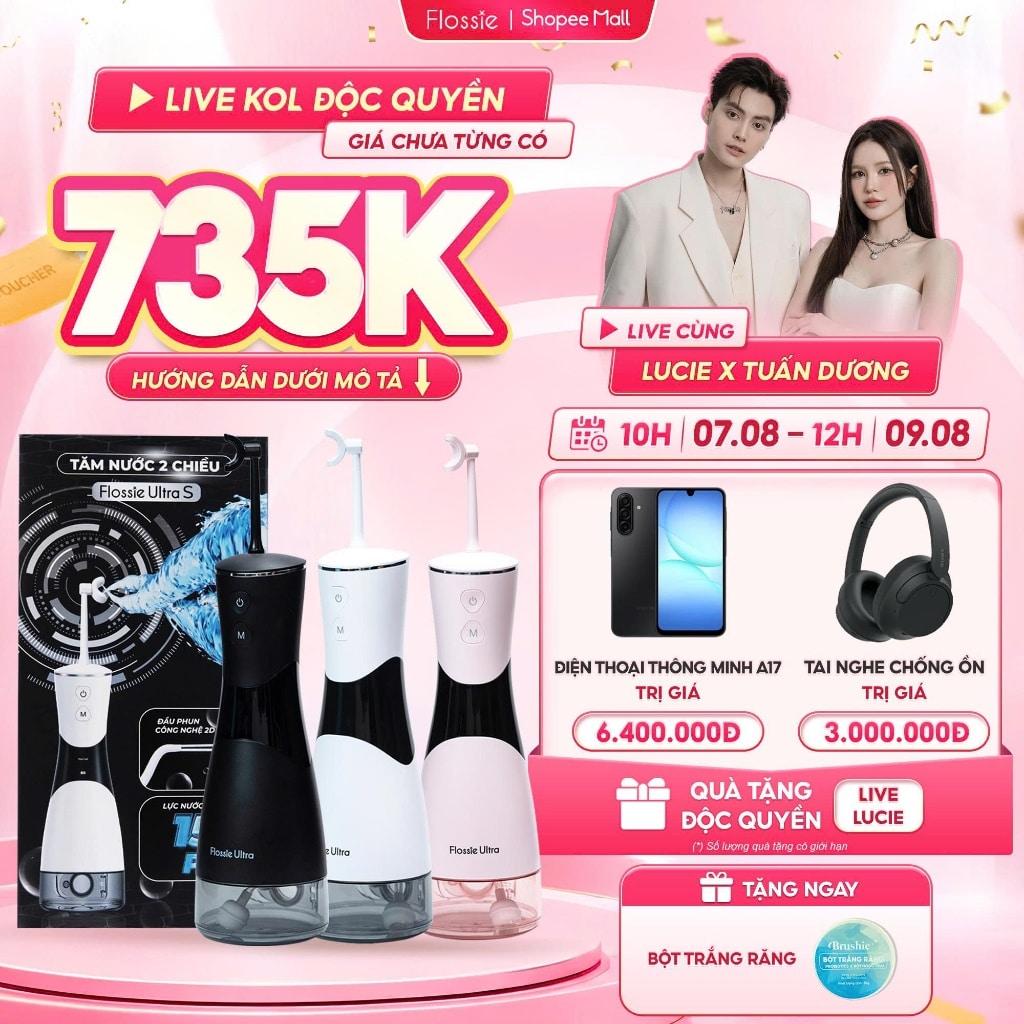 Máy tăm nước Flossie cầm tay 2 chiều bình 350ml làm sạch sâu, bảo hành 1 năm tận nơi