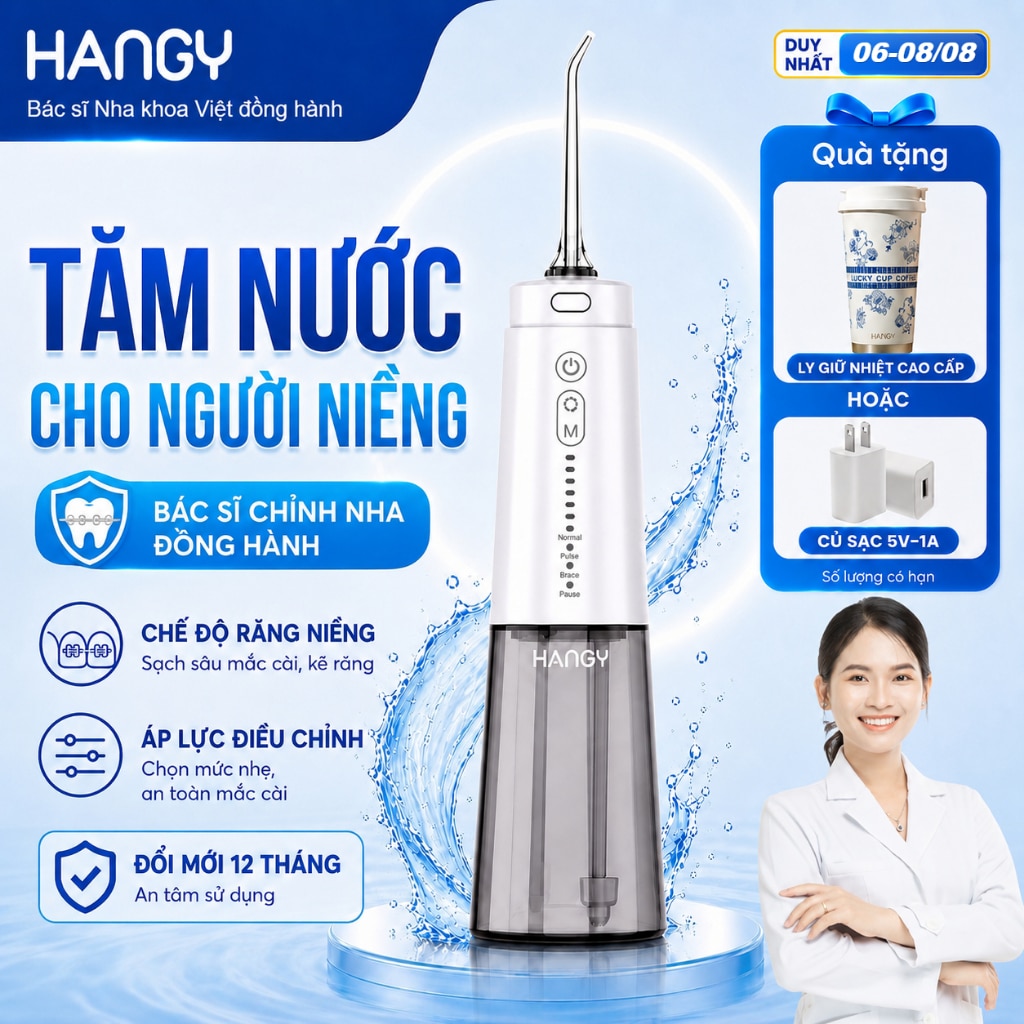 Máy tăm nước Hangy HG23 & HN26 cho răng niềng, tia nước êm dịu, đổi mới trong 12 tháng