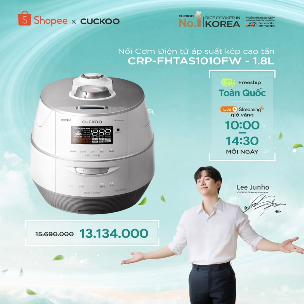 Nồi cơm điện áp suất kép cao tần Cuckoo CRP-FHTAS1010FW 1.8L lòng nồi Inox