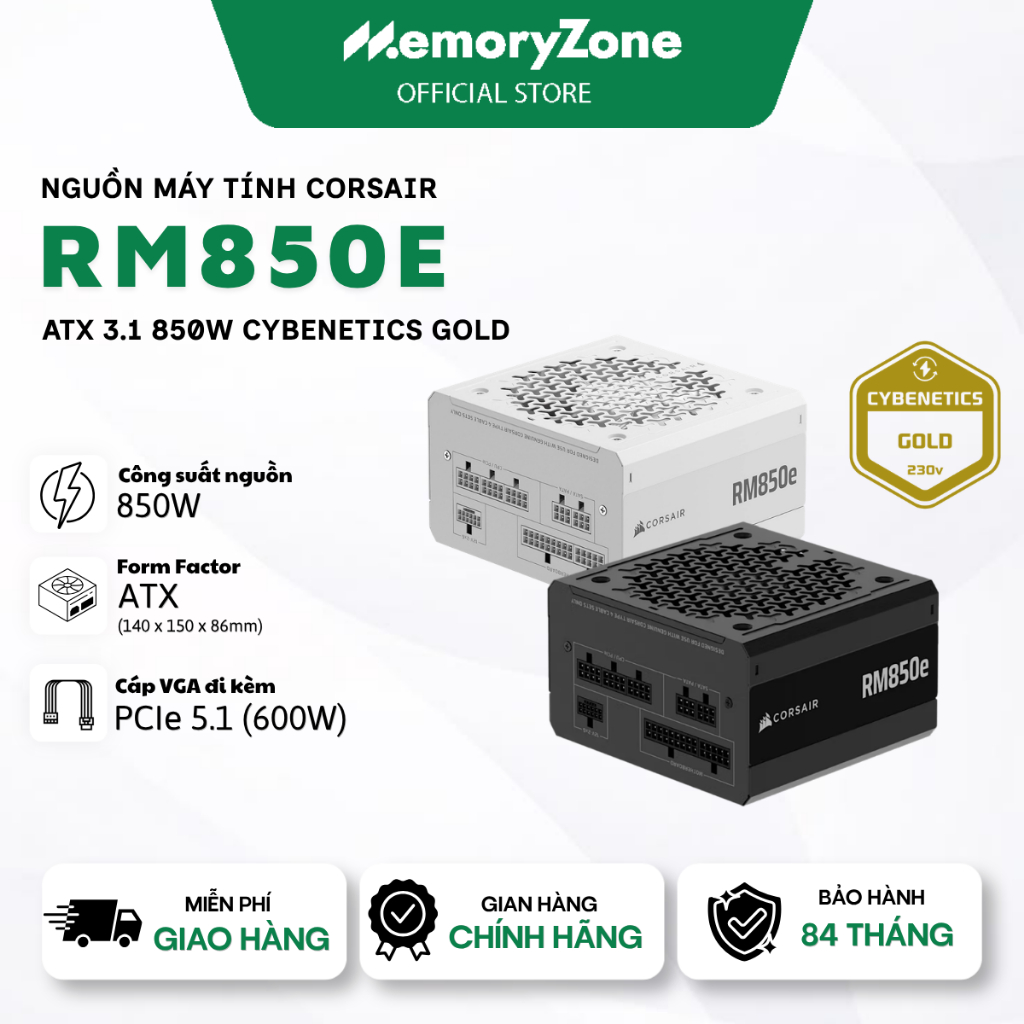Nguồn máy tính Corsair RM850e ATX 3.1 850W 80+ Gold (Cybenetics)