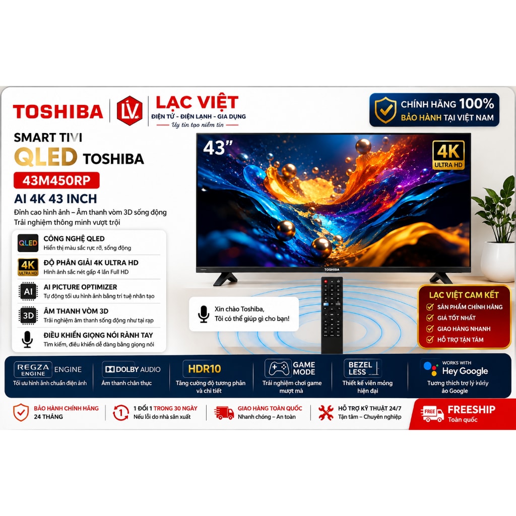 Smart Tivi QLED Toshiba AI 4K 43 inch 43M450RP