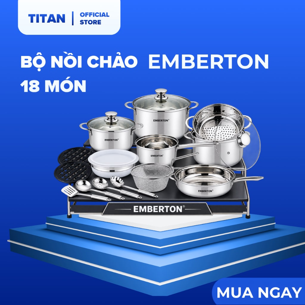 Bộ nồi chảo Emberton EB-14201ST 18 món inox đáy từ 5 lớp cho gia đình
