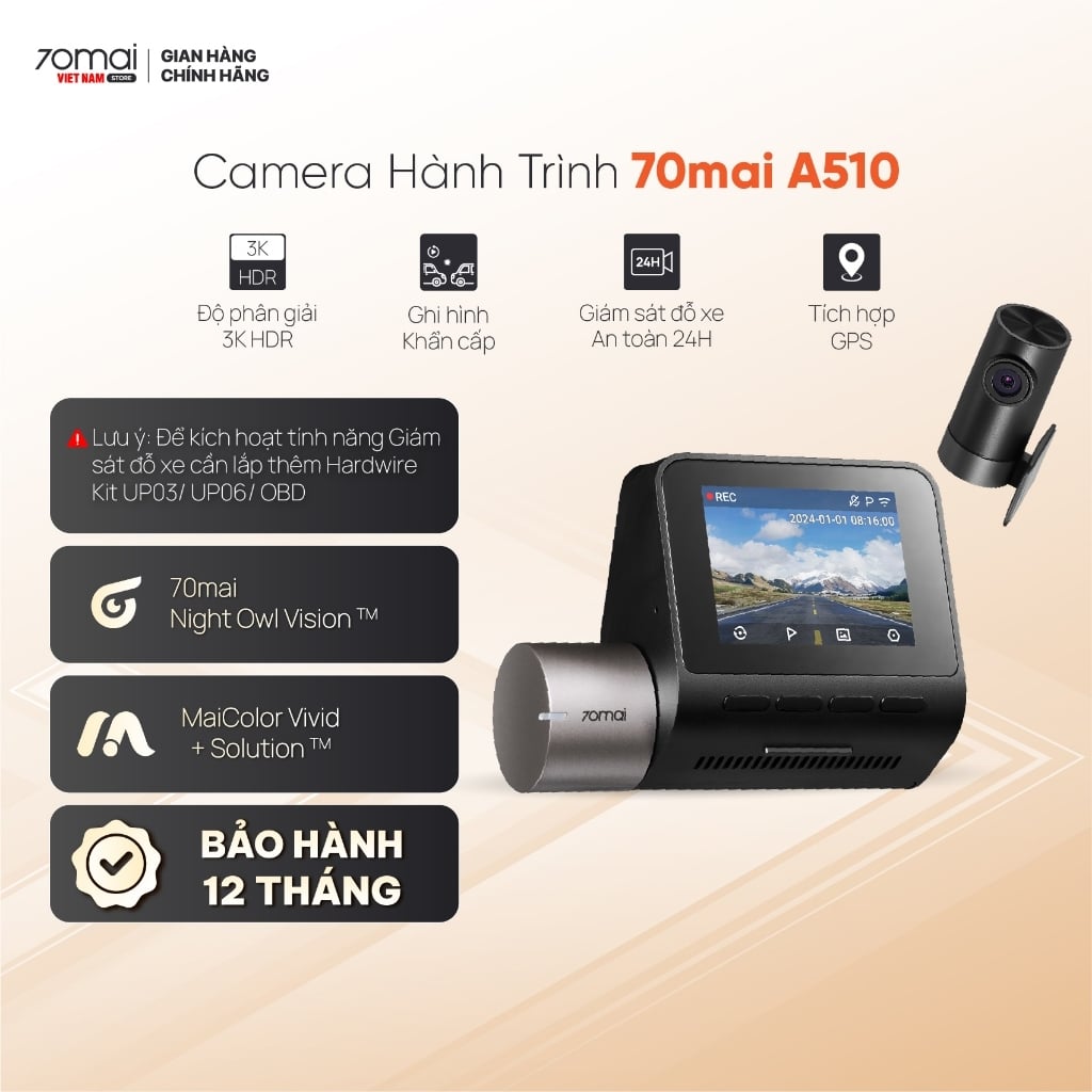 Camera hành trình 70mai A510 3K HDR ghi hình đồng thời trước sau GPS