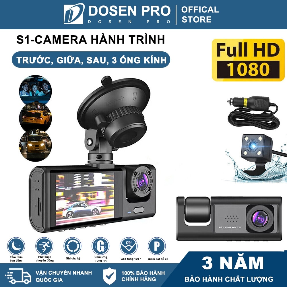 Camera hành trình Dosen Pro 3 mắt cho taxi ghi hình trong xe wifi