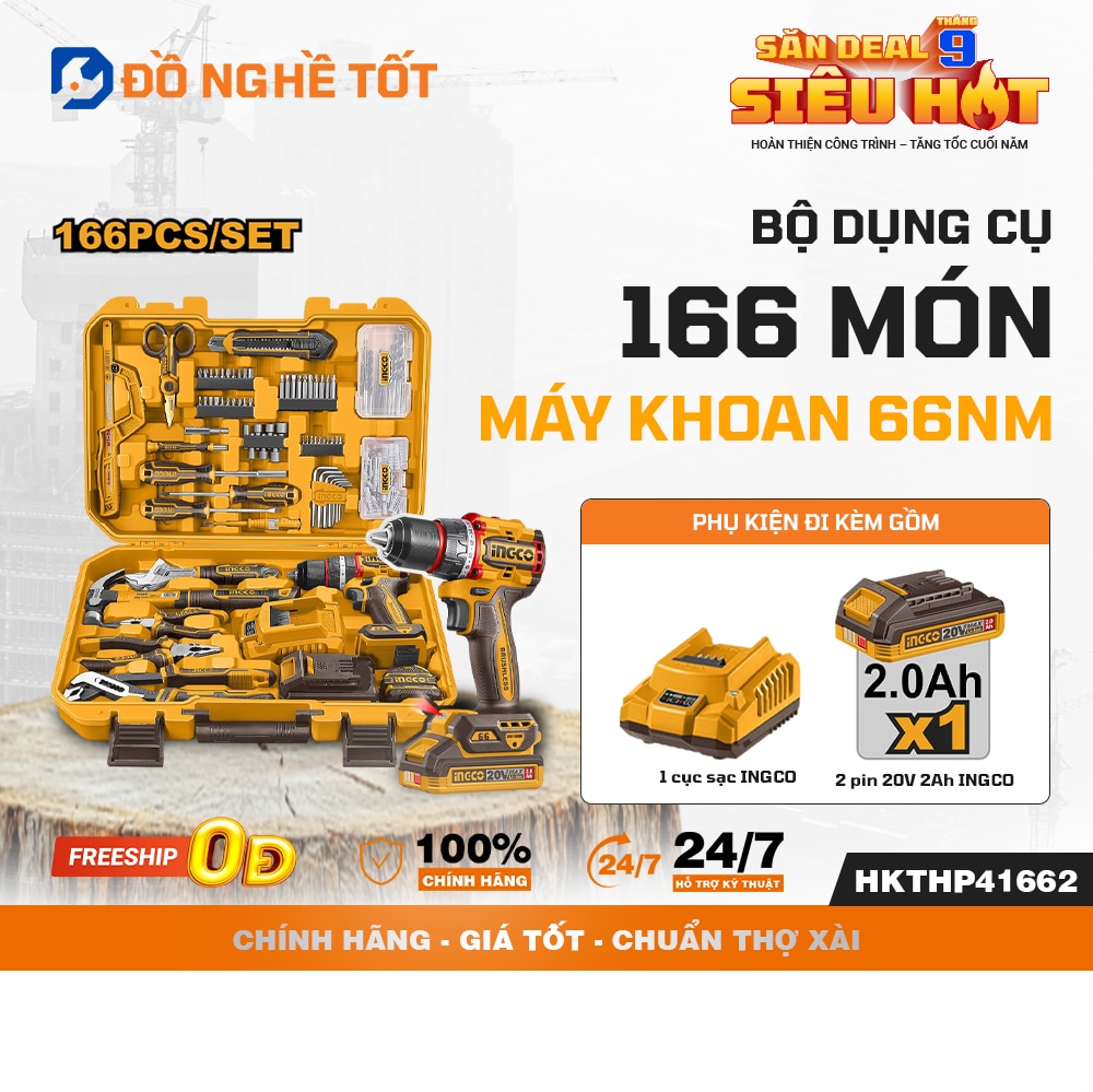 Bộ máy khoan búa pin Ingco HKTHP41662 20V không chổi than kèm 166 chi tiết
