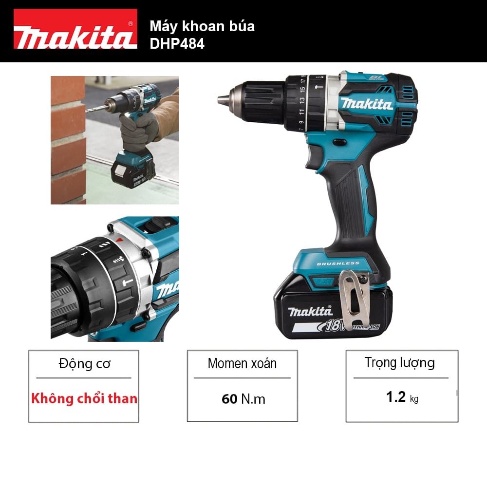 Máy khoan búa vặn vít pin Makita DHP484 18V không chổi than