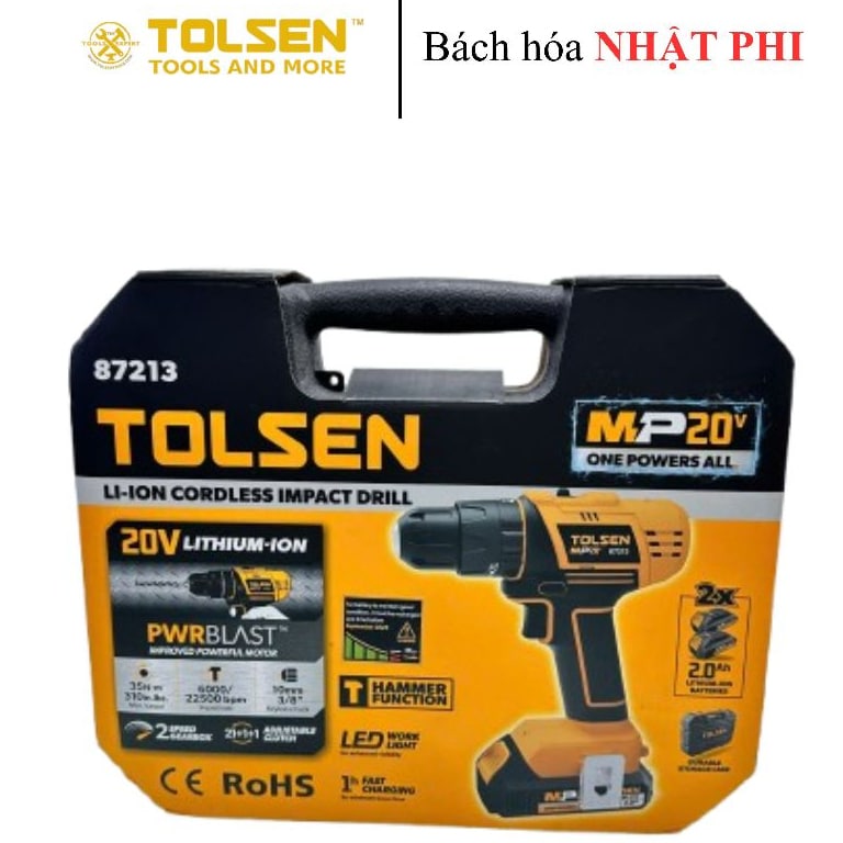 Máy khoan pin 3 chức năng Tolsen 20V 10mm kèm 2 pin 2.0Ah