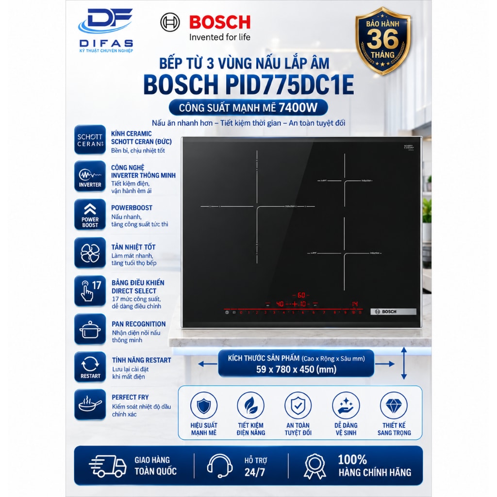 Bếp Từ Âm Bosch PID775DC1E Serie 8 (3 vùng nấu, 7400W)