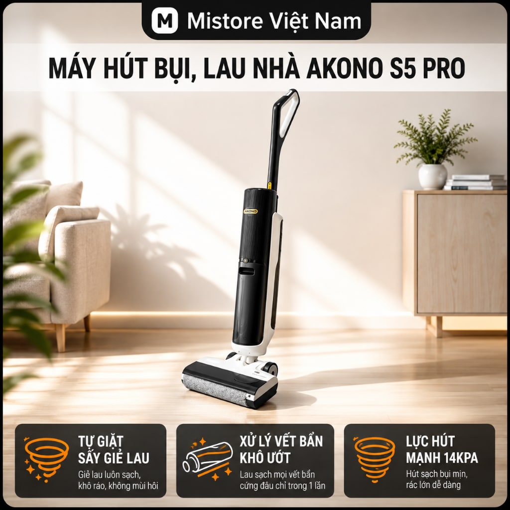 AKONO - AKONO S5 Pro Máy lau sàn hút bụi khô ướt tràn viền không dây - Tự làm sạch