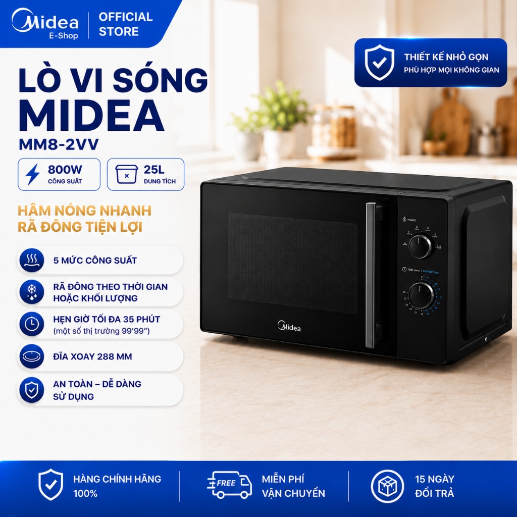 Lò vi sóng Midea MM8-2VV 25 lít 800W Inverter Quattro rã đông hâm nóng chính hãng