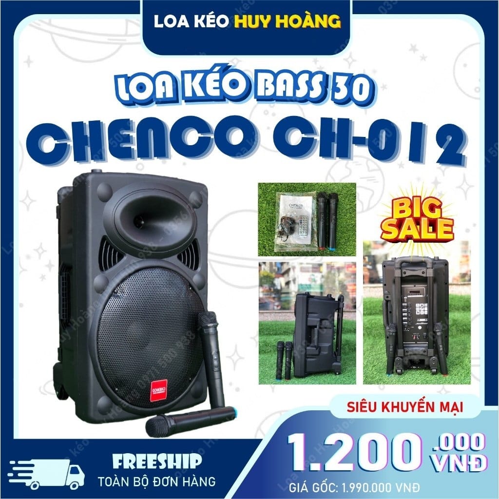 Loa Kéo Karaoke Chenco CH-012 Bass 30cm 350W Bluetooth 5.0 Kèm 2 Micro Không Dây