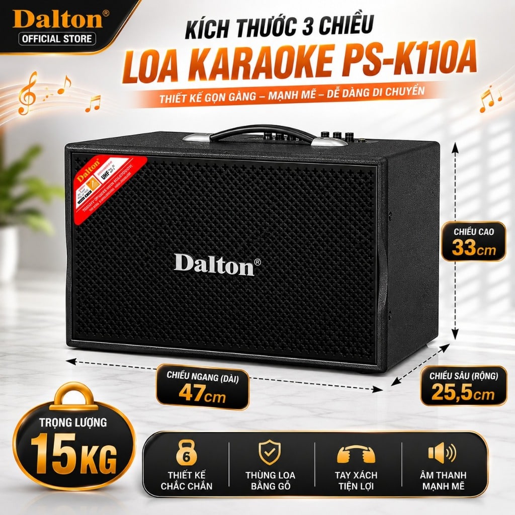 Loa Kéo Karaoke Dalton PS-K110A 280W Bass 25cm Tặng 2 Micro UHF Chính Hãng