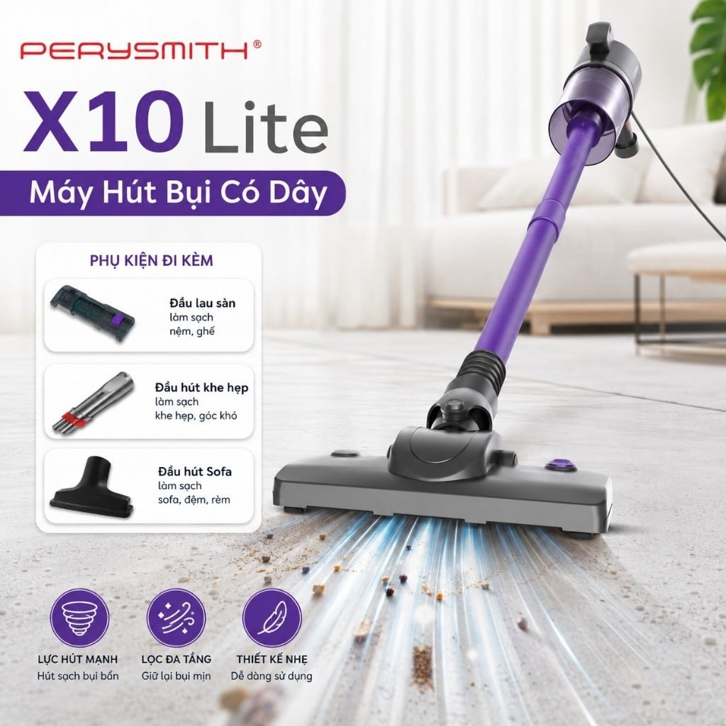 PerySmith - PerySmith X10 Lite Máy hút bụi cầm tay siêu nhẹ 1.0kg - Lọc HEPA 0.25 micron - 4 trong 1
