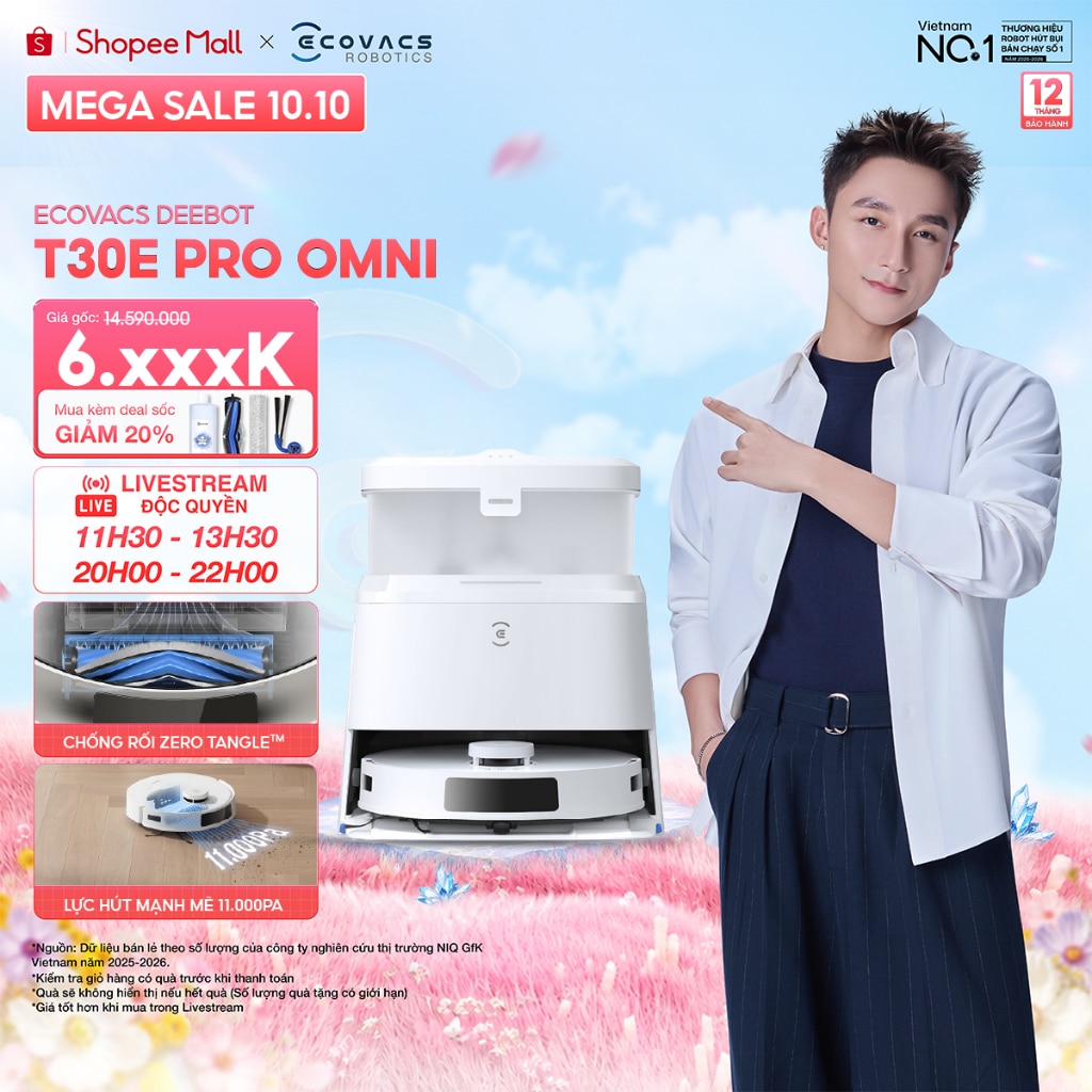 Robot hút bụi lau nhà Ecovacs Deebot T30e Pro Omni (tự giặt giẻ, tự đổ rác)