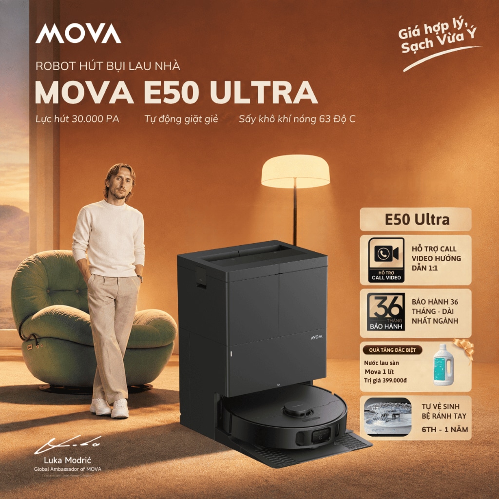 Robot hút bụi lau nhà Mova E50 Ultra (lực hút 30.000Pa, tự giặt giẻ tự đổ rác)