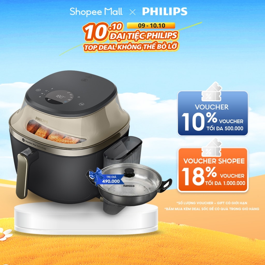 Nồi chiên không dầu Philips NA543/00 7.2L có chức năng hấp