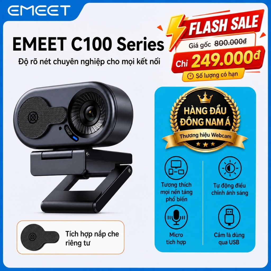 Webcam EMEET C100 Full HD 1080p có mic & nắp che bảo mật, Plug and Play
